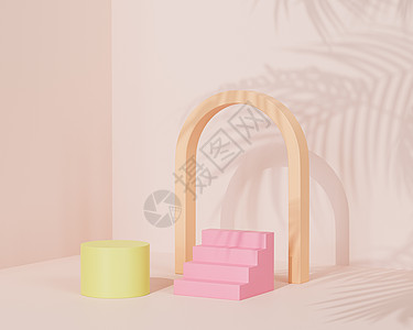 带有拱门和楼梯的讲台或基座用于产品或广告在柔和的米色背景上带有热带叶影 3d 插图 rende图片