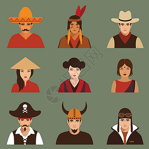 海盗飞行员牛仔维京人墨西哥印度人拉丁国籍女士插图艺妓国家卡通片帽子文化世界图片