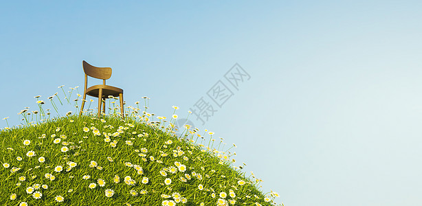 在山上满是菊花的独木椅子上图片