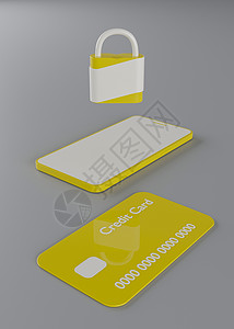 带有黄色和白色移动电话的黄黄黄信用卡插图渲染电脑数据互联网钥匙信用隐私密码帐户图片