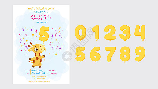 生日快乐可打印派对邀请卡模板与周年纪念气球数字 事件模板与可爱的小长颈鹿在气球上飞行 明亮的彩色股票矢量它制作图案图片