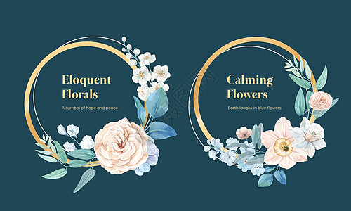 具有蓝色花和平概念的花圈模板 水彩风格植物广告插图营销卡片邀请函装饰草地树叶生物图片