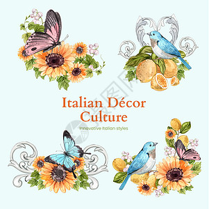 具有意大利风格概念的花束 水彩风格黄色民俗墙纸广告营销文化陶器制品装饰品叶子图片