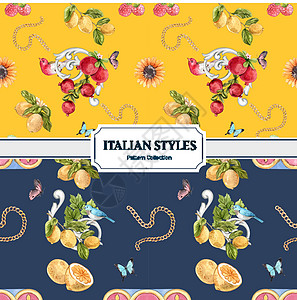 具有意大利风格概念 水彩风格的图案无缝模板叶子墙纸陶器制品民俗营销石榴广告陶瓷柠檬图片