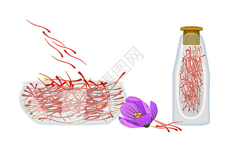 在白色背景上分离的一组藏红花 碗和瓶中的干香料藏红花线图片