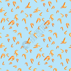 老虎虾 由孤立在蓝色背景上的大虾制成的无缝图案 海鲜虾无缝模式 海鲜图案美食粉色贝类熟食食物宏观剥皮饮食营养小吃图片
