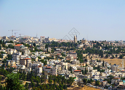 2014年6月 以色列耶路撒冷 从橄榄山到耶路撒冷和锡安山礼堂修道院的全景图片