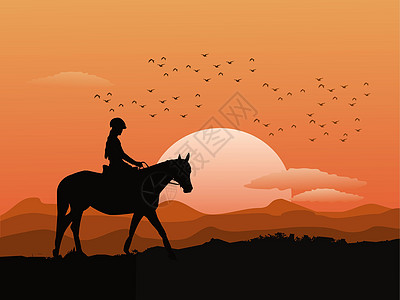 一个女人骑马在山顶的剪影 背景是日落图片