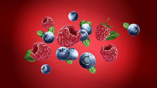 草莓和蓝莓在红色背景下飞翔背景图片