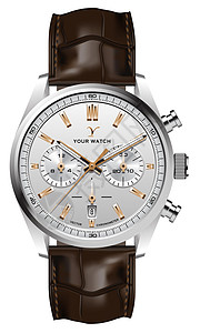 逼真的手表时钟银色皮革表带棕色白色图片