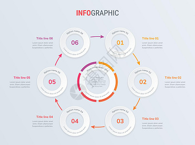 红色时间线图表设计矢量  6 步圆形工作流布局 矢量图时间线模板一体化媒体商业脚步项目技术推介会箭头数据流动图片