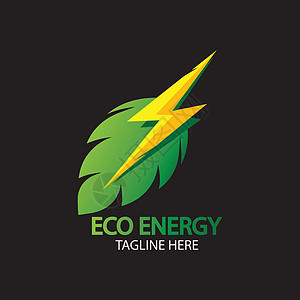 带有叶符号的生态能源矢量标志 带有闪光或雷声图形的绿色 自然和电力可再生 这个标志适用于技术回收有机商业创造力插头灯泡活力插图标图片