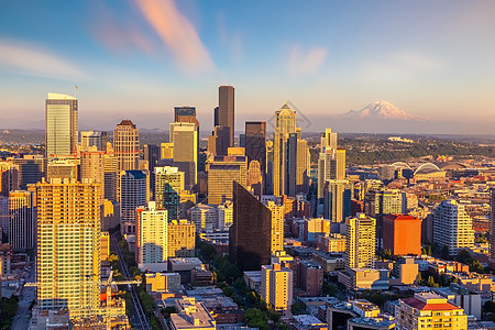 美国华盛顿州西雅图市中心市中心天线城市风景景观日落建筑天际旅行地标建筑学图片