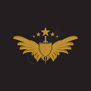 带盾牌矢量图标的金翅剑插图优胜者桂冠商业徽章防御标签勋章卡片翅膀图片