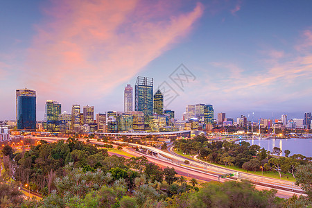 澳洲市下城珀斯天线城市风景国王建筑物码头建筑学摩天大楼天际日落吸引力图片