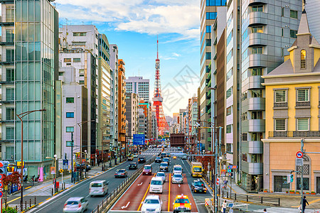 城市街景东京塔的东京市街景建筑物游客场景技术商业街道地标旅行旅游日落背景