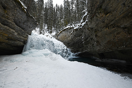 约翰斯顿峡谷与冬季雪在班夫小路旅游远足踪迹风景人行道岩石旅行公园白色图片