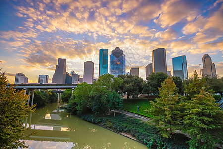 下城休斯顿天线天空蓝色日落摩天大楼建筑物办公室商业地标城市建筑学图片