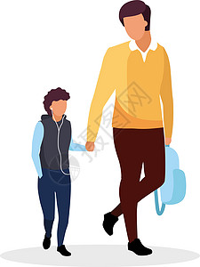 爸爸带着儿子步行上学半平面彩色矢量字符图片