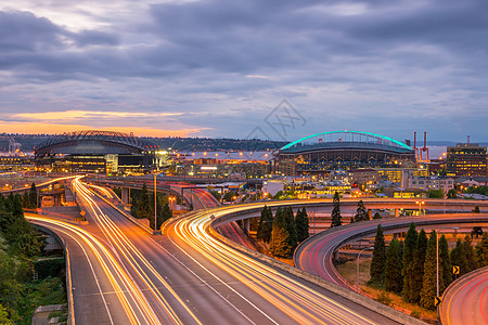 西雅图市中心天线视图摩天大楼体育场旅游建筑吸引力蓝色竞技场旅行全景日落图片