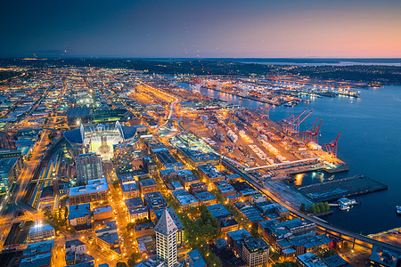 西雅图市中心天线视图城市旅行摩天大楼戏剧性建筑竞技场蓝色旅游全景假期图片