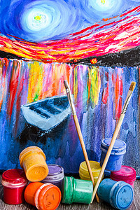 以梵高为风格的绘画用水彩色卷子 油油漆 布鲁谢塞和木制彩皮笔模拟艺术品艺术天赋天空森林青年阴影孩子宇宙背景图片