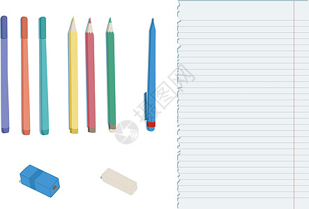 简单的学校用品 用于学习几支彩色铅笔和记号笔 靠近清晰的内衬纸卷笔刀和橡胶 平面样式矢量图办公室工具产品草图橡皮瞳孔成套艺术笔记图片