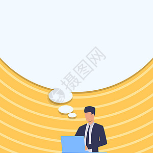 西装绘图使用笔记本电脑与大想法泡泡的商务人士 制服设计站立的绅士使用便携式计算机和巨大的语音气球领导战略商务绘画男人互联网创造力图片