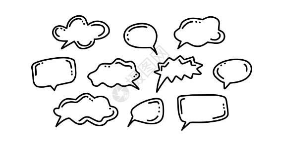 漫画风格的消息框手绘聊天气泡社会贴纸盒子草图艺术讲话线条标签素描讨论图片
