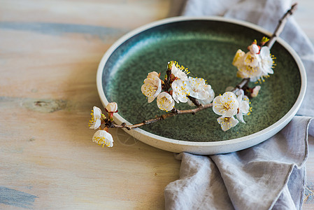 配桃花开的春季概念表组环境玻璃樱花餐巾盘子乡村树叶绿色餐具图片