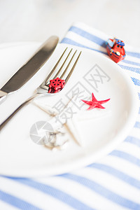 暑期海洋表格设置庆典桌面环境桌子餐巾星星丝带银器海星假期背景图片