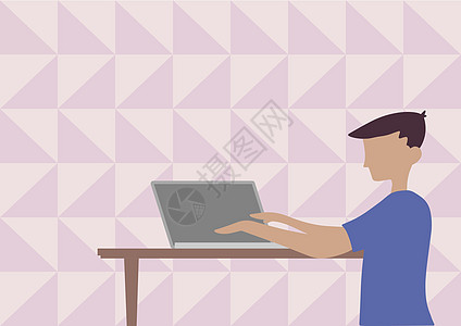 商务人士站立绘图使用放在木桌上的笔记本电脑 绅士坐设计使用笔记本电脑显示办公效率职业教育电子邮件孩子图形人士男孩们互联网绘画卡通图片
