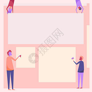 四位同事绘图站着拿着不同尺寸的空白纸显示符号 携带空白板的队友设计办公室墙纸框架女性职业海报绘画营销工程师广告牌图片