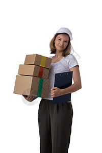 带纸板盒的送货女孩成人工作纸板船运女士女性幸福文件夹微笑快乐图片
