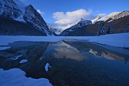 湖湖曲水冬季日出国家曲棍球仙境雪鞋森林风景公园山脉季节图片