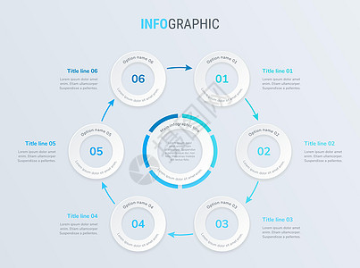 蓝色时间线图表设计矢量  6 步圆形工作流布局 矢量图时间线模板图片