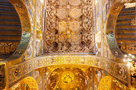 巴勒莫Palatine教堂光辉天花板辉煌金子雕像纪念碑建筑学皇宫马赛克建筑壁画艺术图片