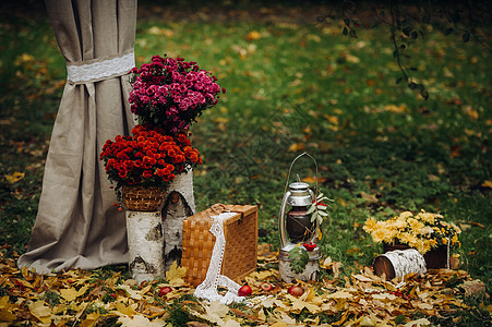 鲜花和草地在绿草坪的街道上举行秋天婚礼 带有新鲜花拱门的朝圣仪式文化天空草地装饰月亮金色奢华报名丈夫组织背景