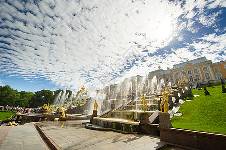 俄罗斯彼得霍夫公园的 参孙金雕像喷泉旅行公园雕塑地标草地遗产文化石油流动图片