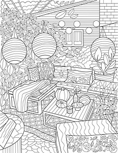 后院休息室涂鸦挂灯桌椅无色线条画 房子后面的户外休闲区着色书页艺术风格草图食物轮廓黑与白建筑作品图形孩子图片