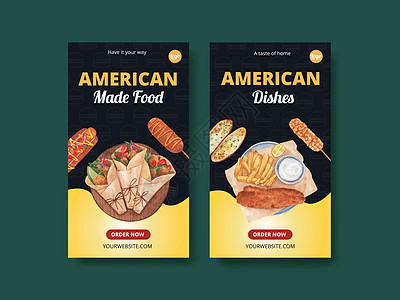具有美国食品概念 水彩风格的 Instagram 模板厨房社区社交国家互联网媒体糕点食物旅行牛肉图片