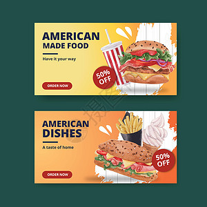 带有美国食品概念的 Twitter 模板 水彩风格午餐烹饪餐厅咖啡店蔬菜互联网社交食物糕点盘子图片