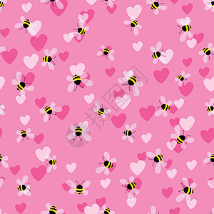 与蜜蜂和心在彩色背景上的无缝模式 小黄蜂 矢量图 可爱的卡通人物 邀请卡纺织面料的模板设计 涂鸦样式野生动物质量墙纸漏洞熊蜂艺术图片