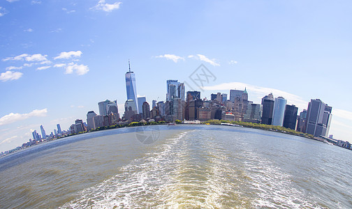 金融区市中心以及美国纽约市下曼哈顿的天际线全景 鱼眼效应阳光地标旅行商业城市景观建筑天空蓝色摩天大楼图片