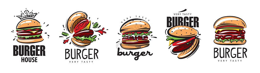 汉堡标识白色背景上的手绘矢量汉堡标志集插画