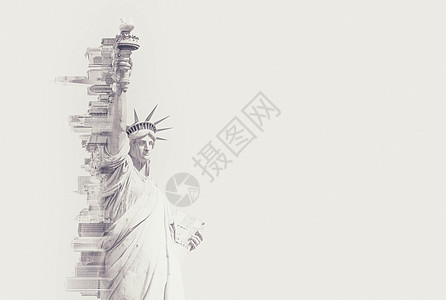 自由女神像和有适应空间的纽约新天空线的双曝光图像 Tone 图像调色国家黑与白纪念碑旅行女士自由雕像地标摩天大楼图片
