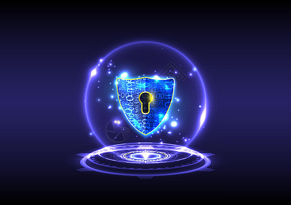全息图挂锁的未来派发光 HUD 与锁孔盾图标在个人数据安全中 网络安全数据或信息隐私 抽象全息背景图片