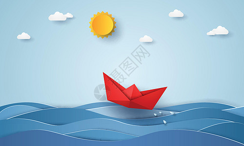 折纸船航行在蓝色的海洋纸艺术万科导航巡航旅行剪纸航海邮轮游艇运输海浪太阳图片