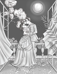 爱他美穿着化装舞会面具的女人被一个穿着西装的男人亲吻 他抱着互相拥抱的线条画 女士和先生在阳台着色书页上的月光下亲吻背景