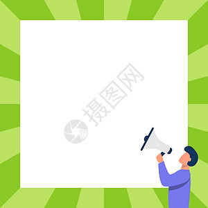 男人画画通过扩音器说话面对空白墙制作新公告 在扩音器讲话的人物画在大广场上制作后期广告人士演说家图形蓝色运动成人领导计算机嗓音绿图片